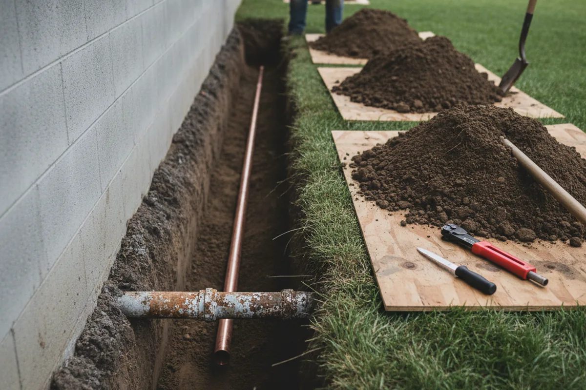 Excavated water line trench during Water Softener Installation in Marion